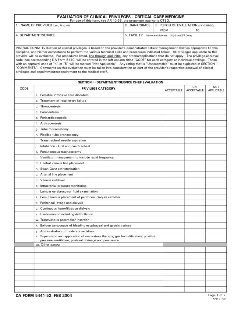 DA FORM 5441-52 - Evaluation Of Clinical Privileges - Critical Care Medicine_page-0001