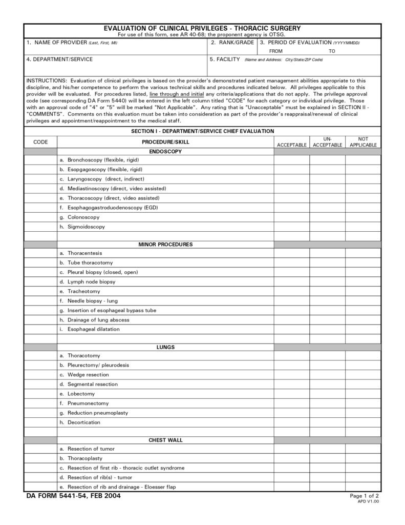 DA FORM 5441-54 - Evaluation Of Clinical Privileges - Thoracic Surgery_page-0001