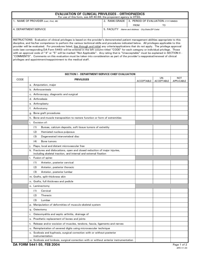 DA FORM 5441-55 - Evaluation Of Clinical Privileges - Orthopaedics_page-0001