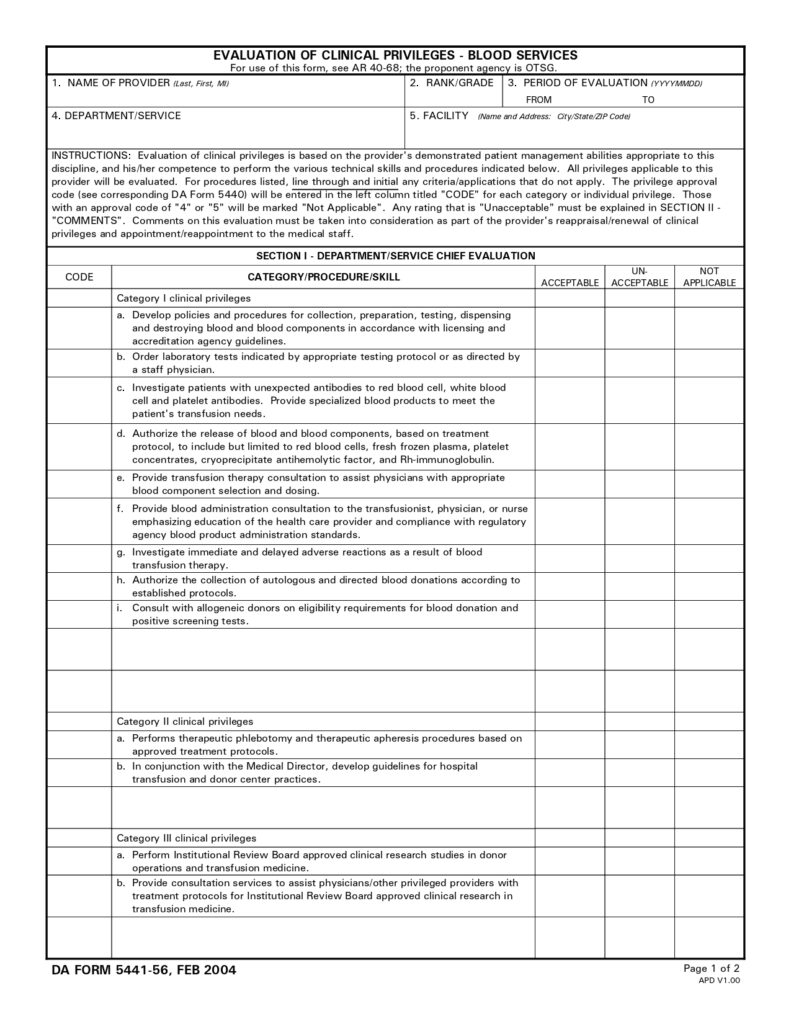 DA FORM 5441-56 - Evaluation Of Clinical Privileges - Blood Services_page-0001