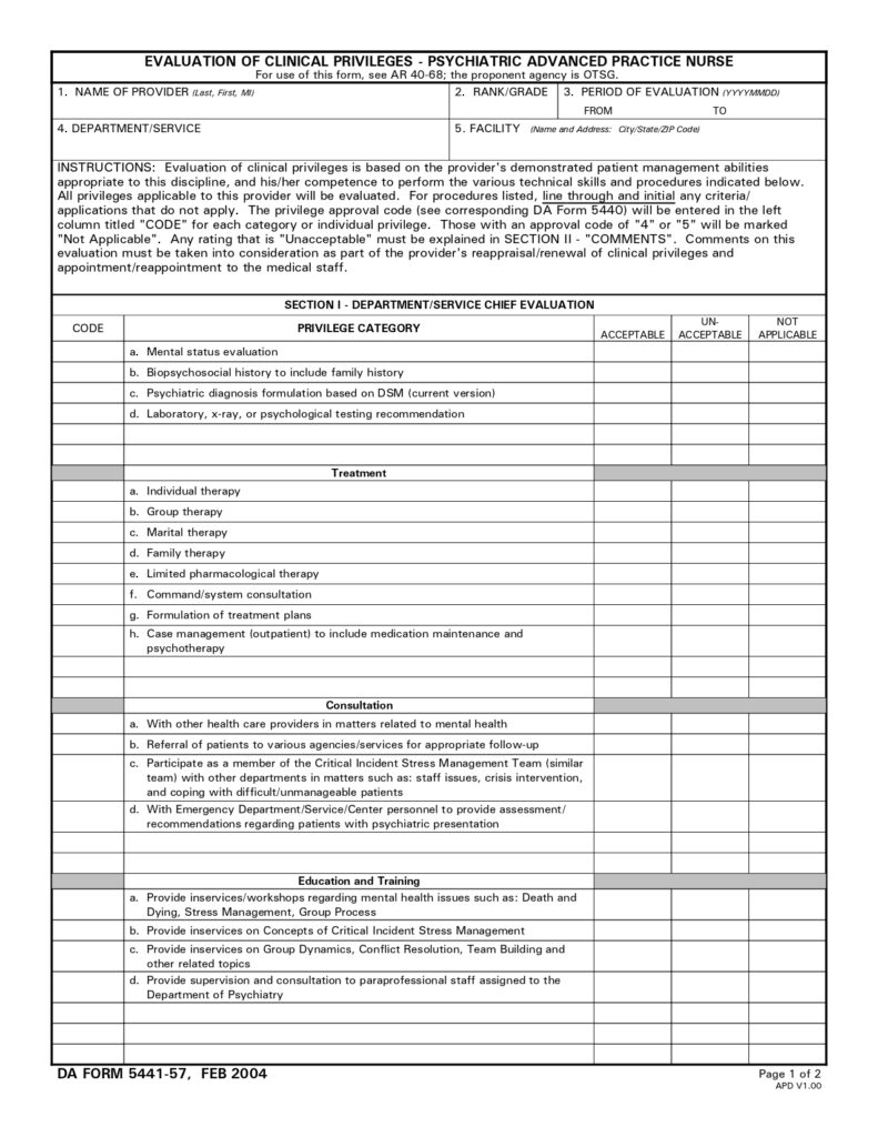 DA FORM 5441-57 - Evaluation Of Clinical Privileges - Psychiatric Advanced Practice Nurse_page-0001