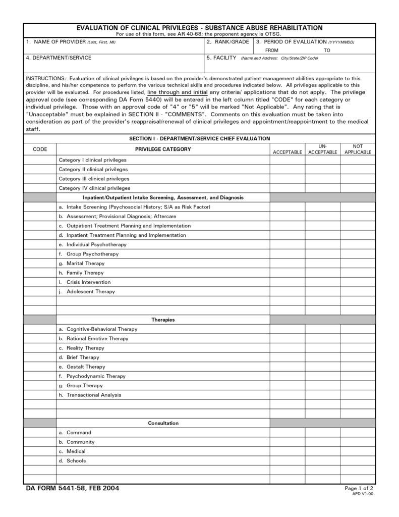 DA FORM 5441-58 - Evaluation Of Clinical Privileges - Substance Abuse Rehabilitation_page-0001