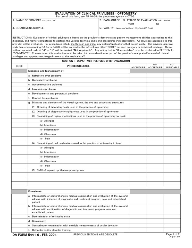 DA FORM 5441-6 - Evaluation Of Clinical Privileges-Optometry_page-0001