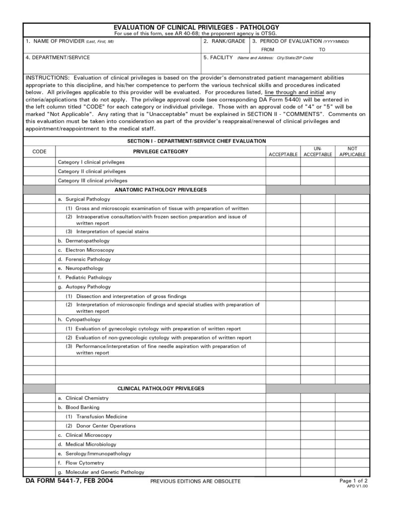 DA FORM 5441-7 - Evaluation Of Clinical Privileges-Pathology_page-0001