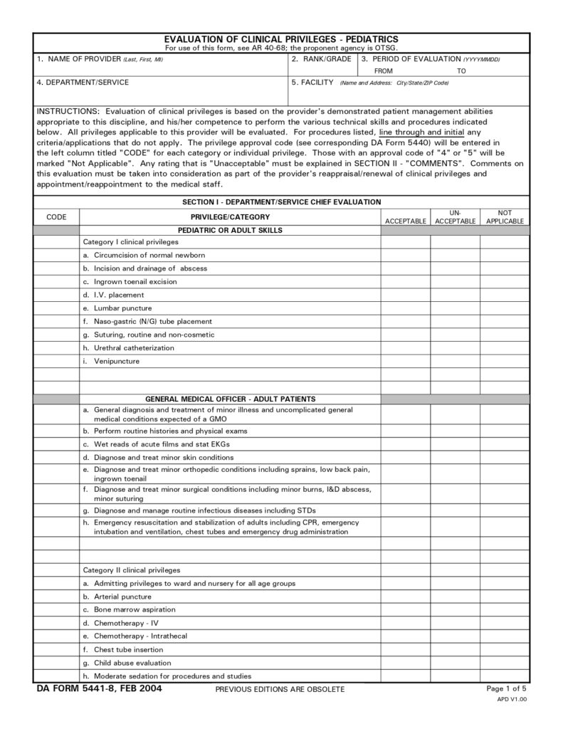 DA FORM 5441-8 - Evaluation Of Clinical Privileges-Pediatrics_page-0001