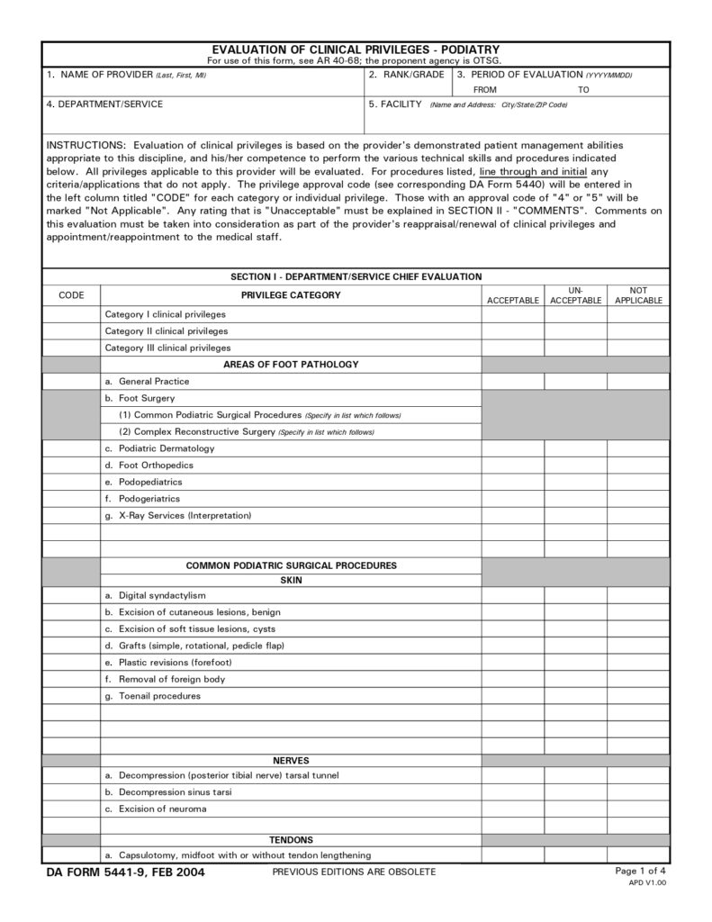 DA FORM 5441-9 - Evaluation Of Clinical Privileges-Podiatry_page-0001