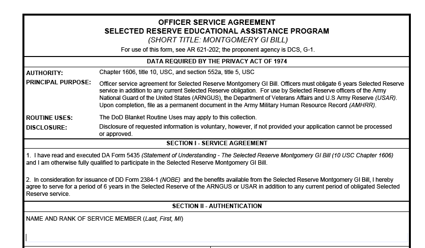 DA FORM 5447 - Officer Service Agreement Selected Reserve Educational Assistance Program