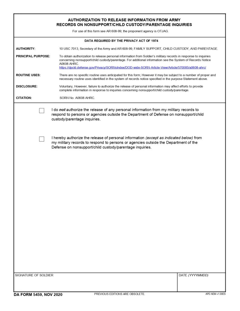 DA FORM 5459 - Authorization To Release Information From Army Records On Nonsupport-Child Custody-Paternity Inquiries_page-0001