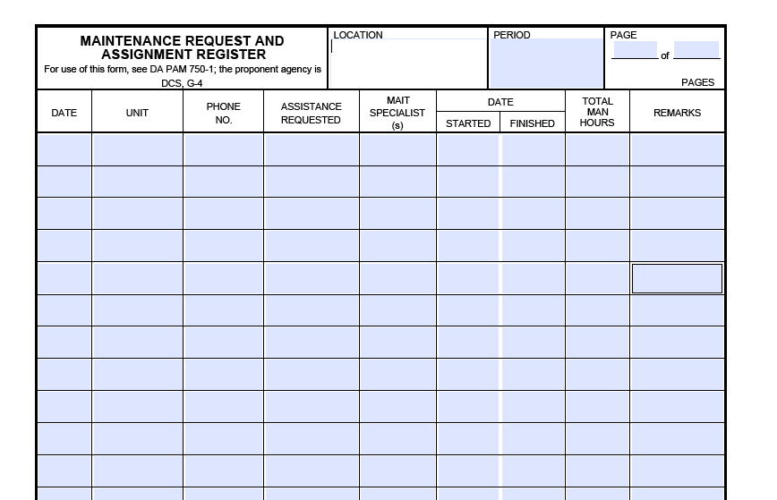 DA FORM 5480 - Maintenance Request And Assignment Register