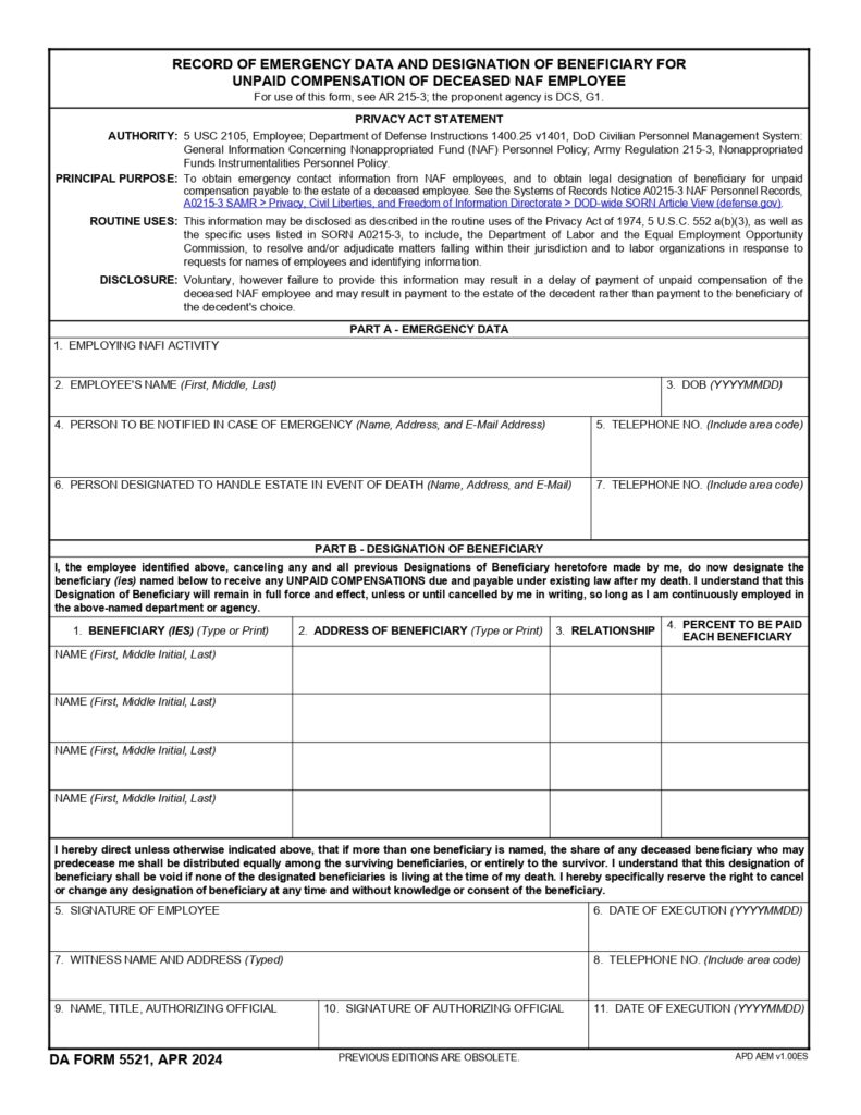 DA FORM 5521 - Record Of Emergency Data And Designation Of Beneficiary For Unpaid Compensation Of Deceased NAF Employee_page-0001