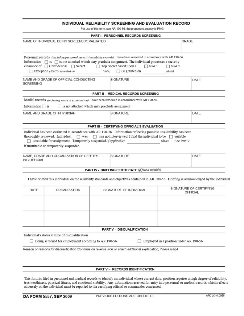 DA FORM 5557 - Individual Reliability Screening And Evaluation Record_page-0001