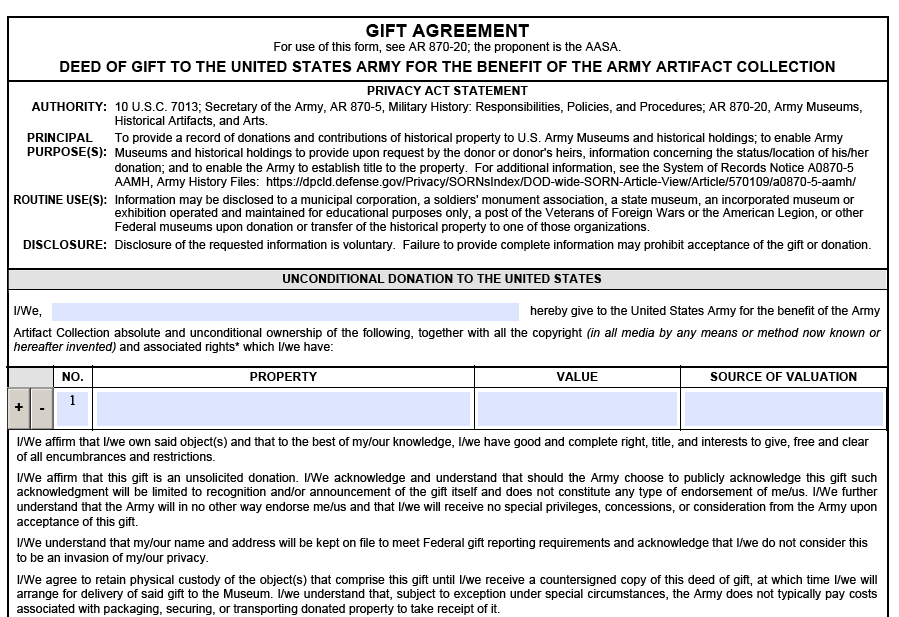 DA FORM 5572 - Gift Agreement