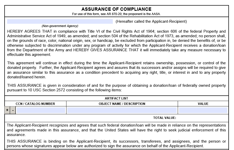 DA FORM 5574 - Assurance Of Compliance