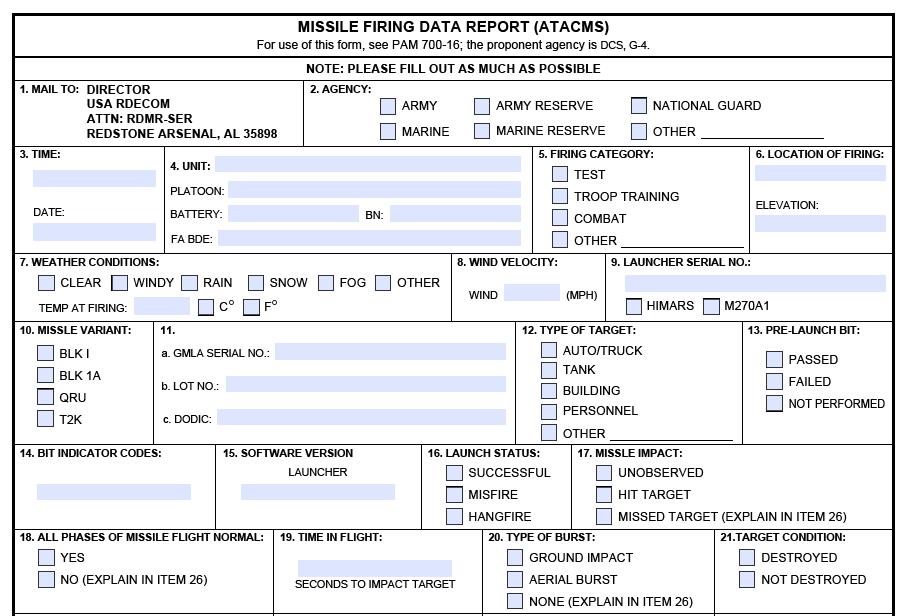 DA FORM 5582 - Missile Firing Data Report (ATACMS)