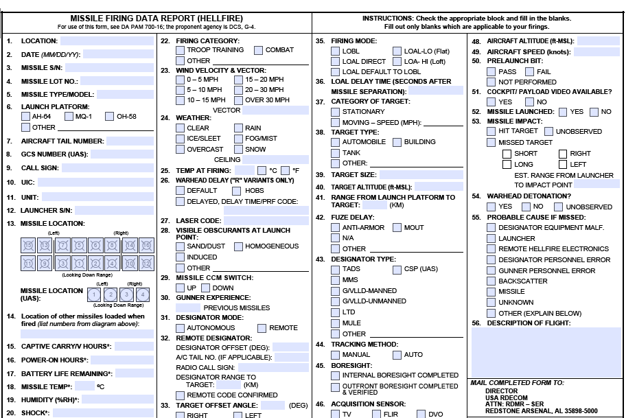 DA FORM 5583 - Missile Firing Data Report (Hellfire)