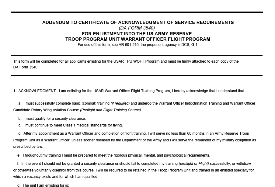 DA FORM 5585 - Addendum To Certificate Of Acknowledgement Of Service Requirements