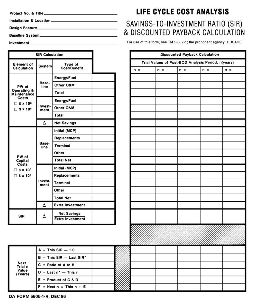 DA FORM 5605-1-R - Life Cycle Cost Analysis Savings-To-Investment Ratio (Sir) & Discounted Payback Calculation (LRA)_page-0001