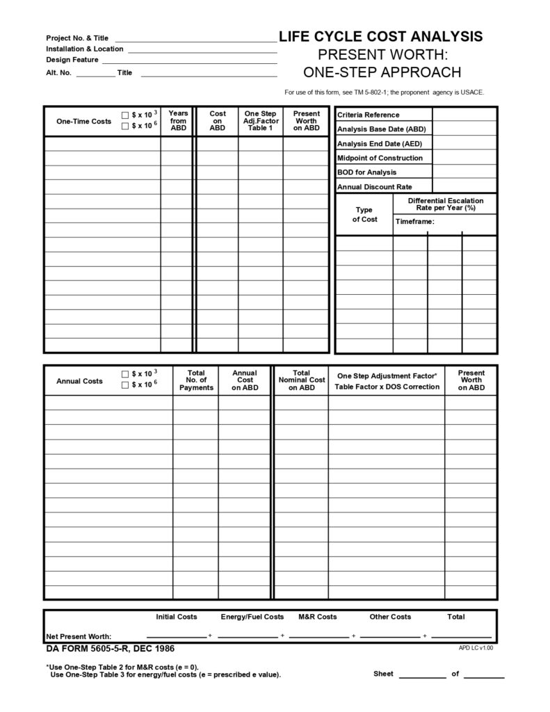 DA FORM 5605-5-R - Life Cycle Cost Analysis - Present Worth- One-Step Approach (LRA)_page-0001