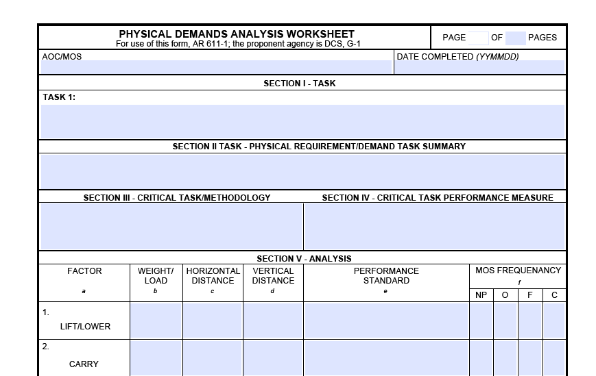 DA FORM 5643 - Physical Demands Analysis Worksheet