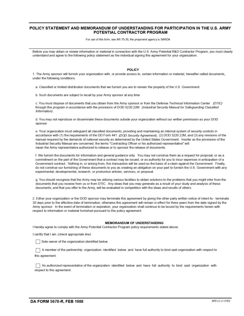 DA FORM 5678-R - Policy Statement And Memorandum Of Understanding For Participation In The U.S. Army Potential Contractor Program (LRA)_page-0001