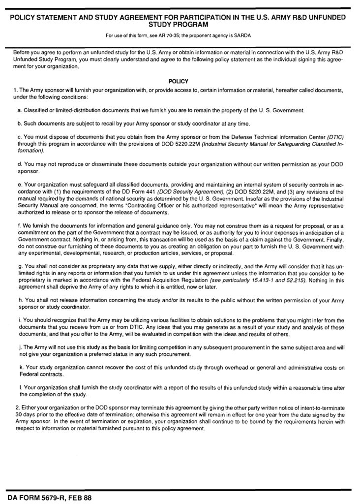 DA FORM 5679-R - Policy Statement And Study Agreement For Participation In The U.S. Army R&D Unfunded Study Program (LRA)_page-0001