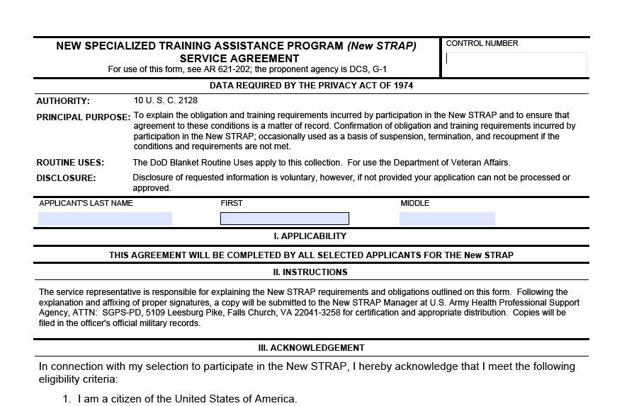 DA FORM 5685 - New Specialized Training Assistance Program (NEW STRAP) Service Agreement