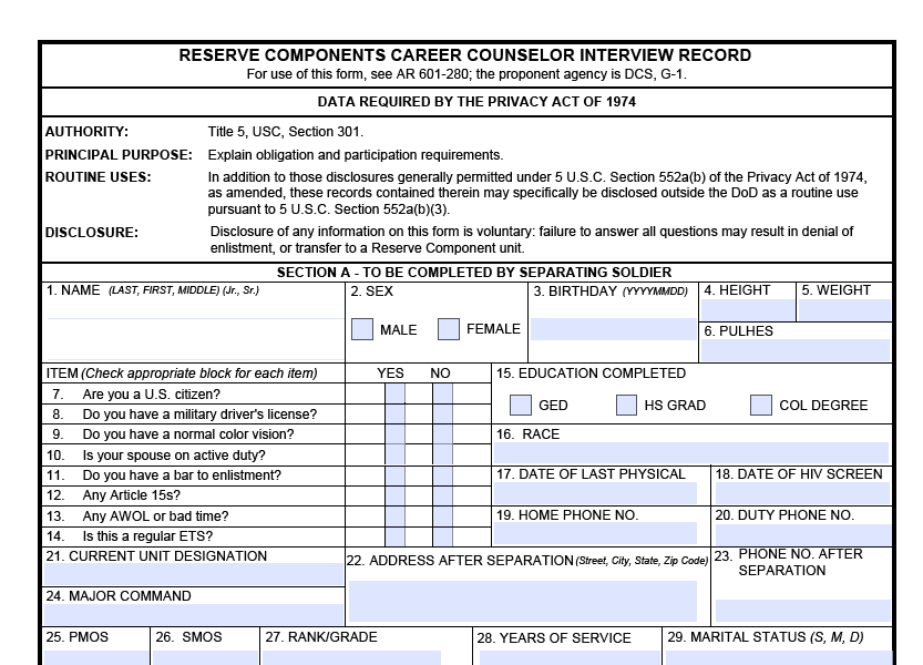 DA FORM 5690 - Reserve Components Career Counselor Interview Record