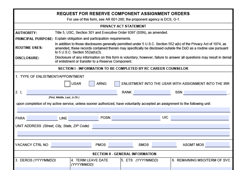 DA FORM 5691 - Request For Reserve Component Assignment Orders