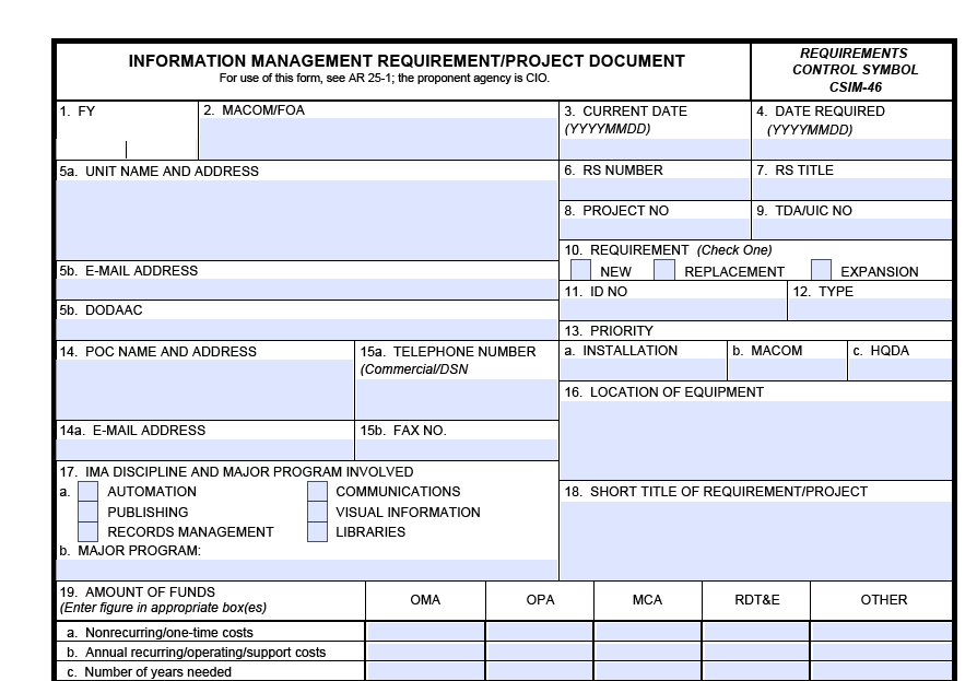 DA FORM 5695 - Information Management Requirement Project Document