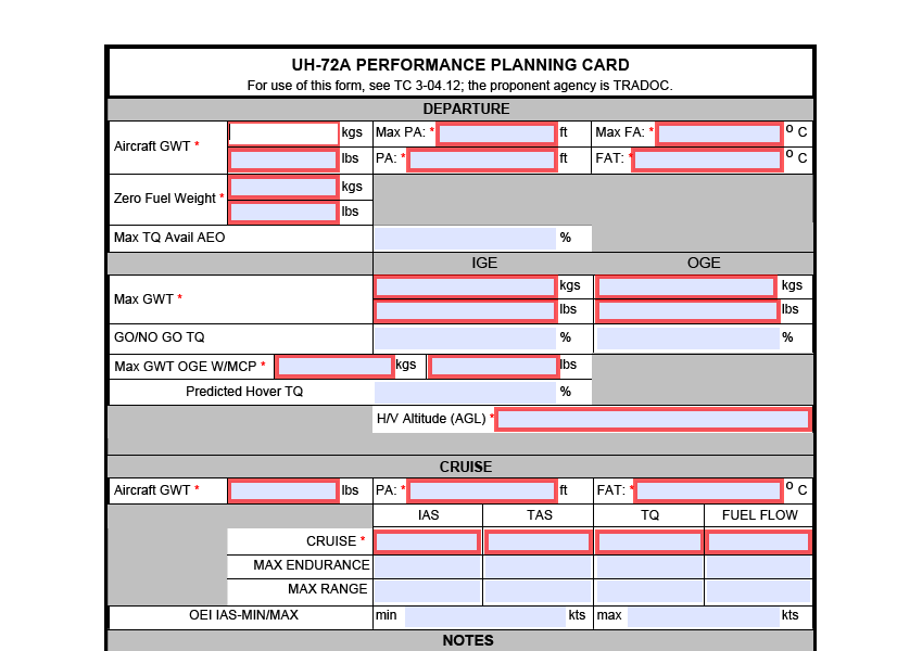 DA FORM 5701-72 - UH-72A Performance Planning Card