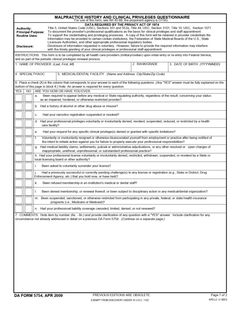 DA FORM 5754 - Malpractice History And Clinical Privileges Questionnaire_page-0001