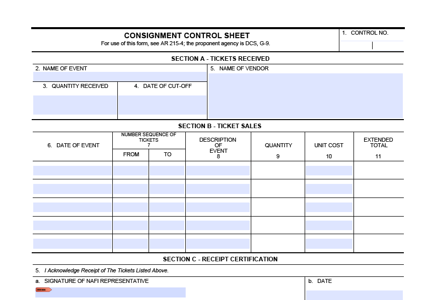 DA FORM 5755-1 - Consignment Control Sheet