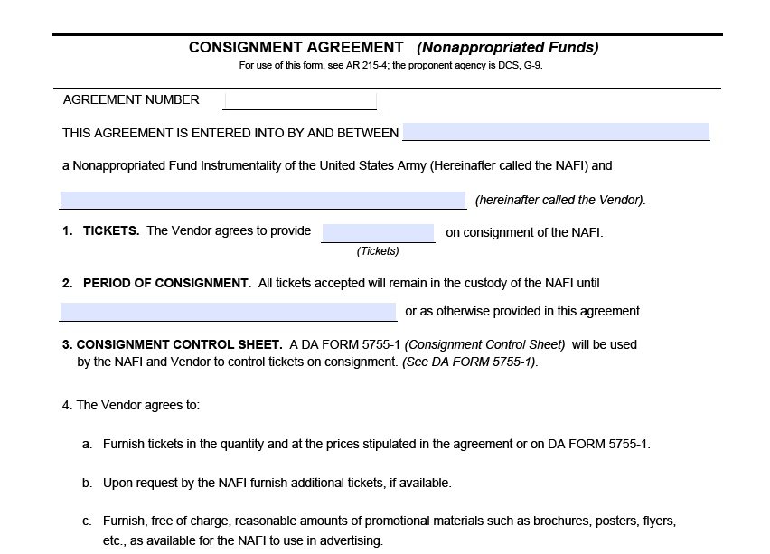 DA FORM 5755 - Consignment Agreement (Nonappropriated Funds)