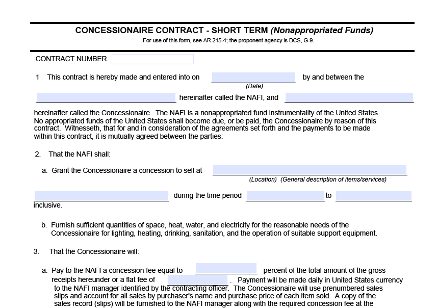 DA FORM 5756 - Concessionaire Contract-Short Term (Nonappropriated Funds)