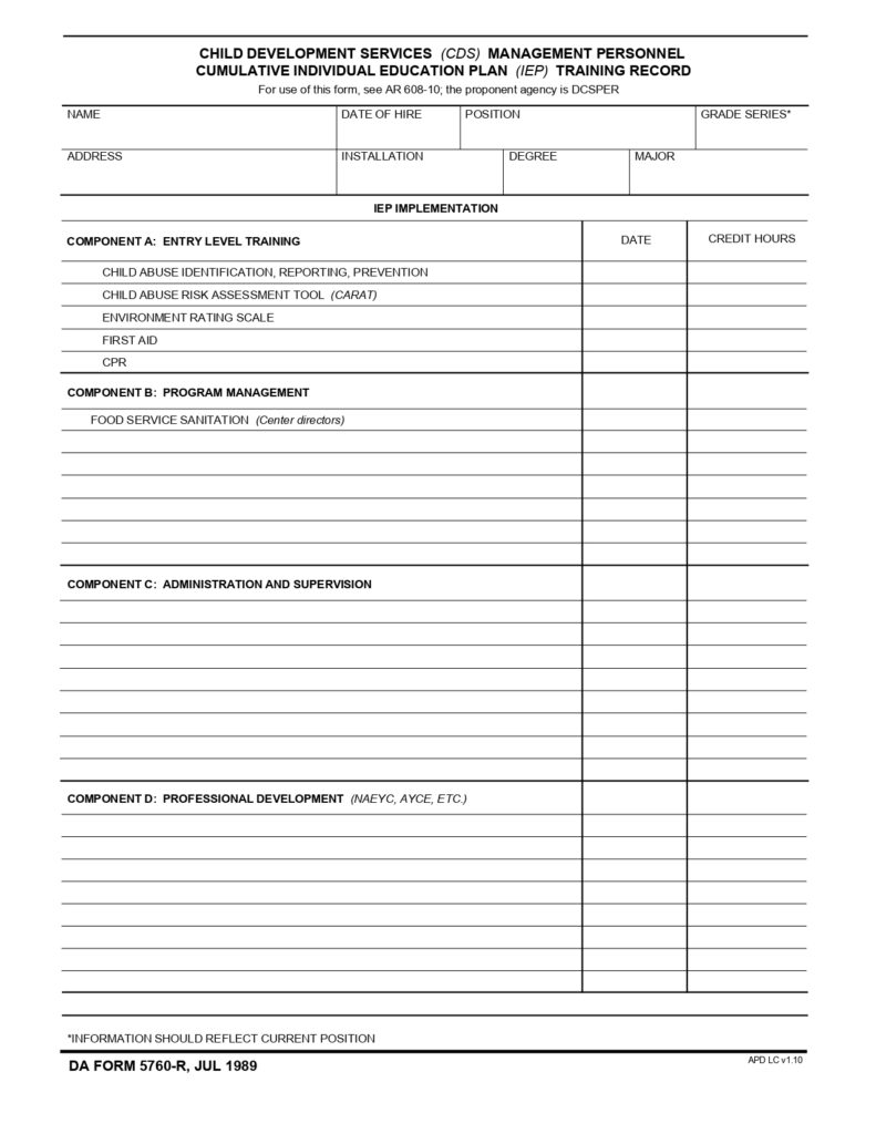 DA FORM 5760-R - Child Development (CDS) Management Personnel Cumulative Individual Education Plan (IEP) Training Record (LRA)_page-0001