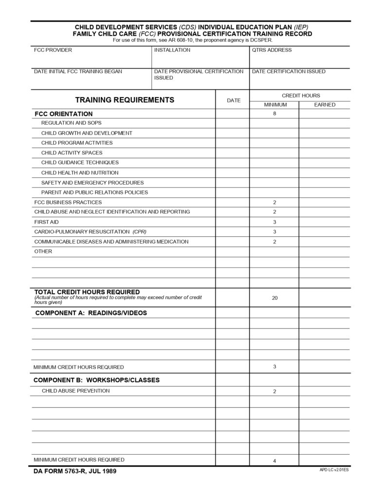 DA FORM 5763-R - Child Development Services (CDS) Individual Education Plan (IEP) Family Child Care (FCC) Provisional Certification Training Record (LRA)_page-0001