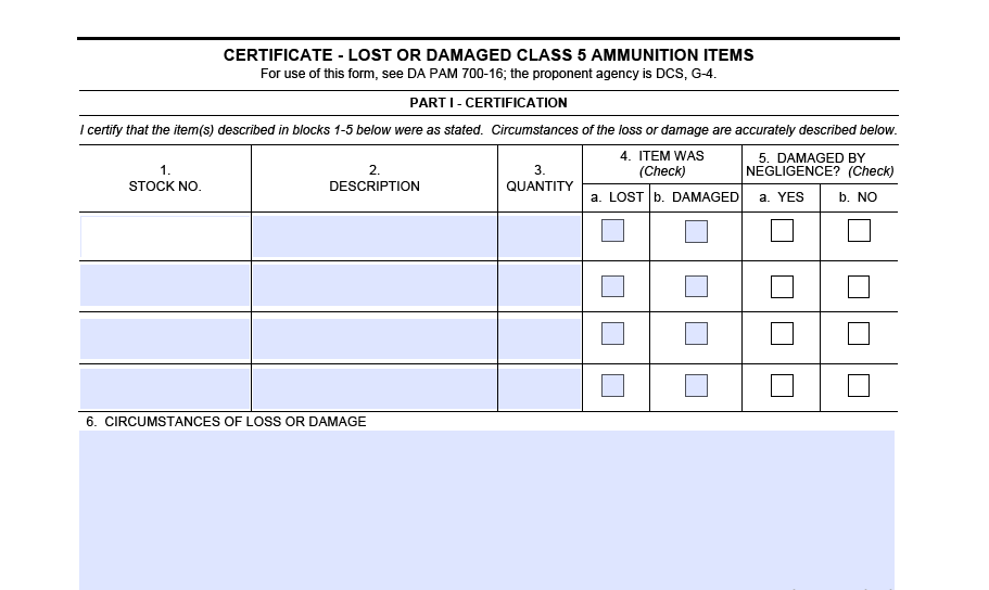 DA FORM 5811 - Certificate - Lost Or Damaged Class 5 Ammunition Items