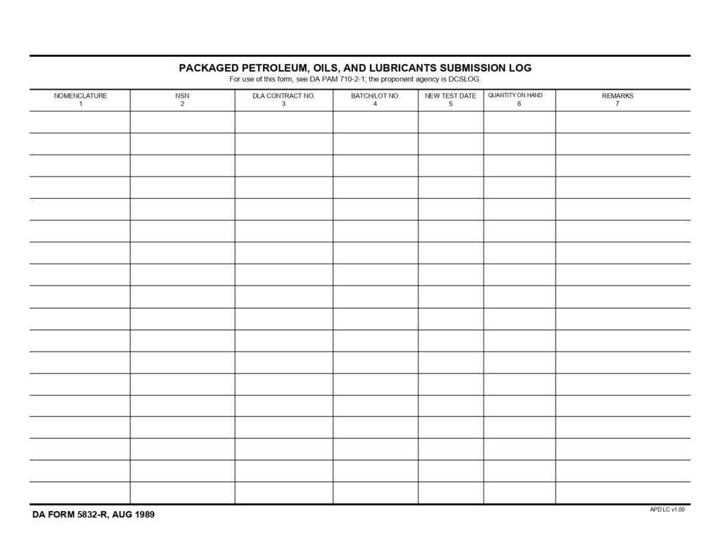 DA FORM 5832-R - Packaged Petroleum, Oils, And Lubricants Submission Log (LRA)_page-0001