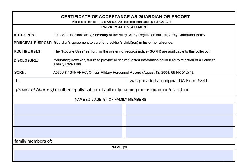 DA FORM 5840 - Certificate Of Acceptance As Guardian Or Escort