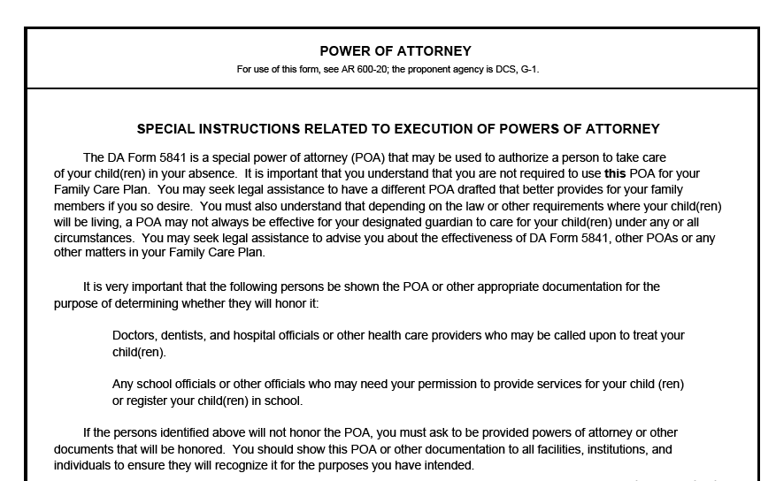 DA FORM 5841 - Power Of Attorney