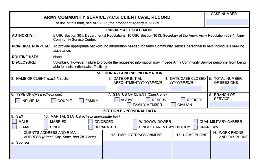 DA FORM 5897 - Army Community Service (ACS) Client Case Record