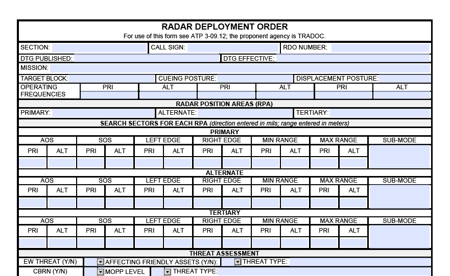 DA FORM 5957 - Radar Deployment Order (LRA)