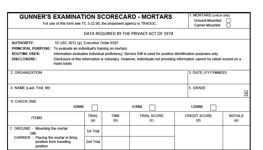 DA FORM 5964 - Gunner's Examination Scorecard - Mortars