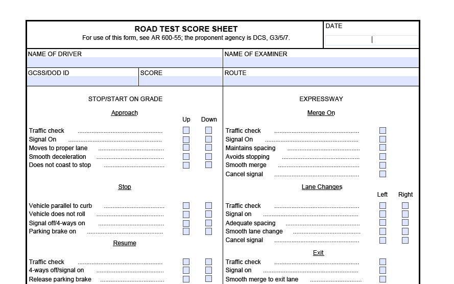 DA FORM 6125 - Road Test Score Sheet