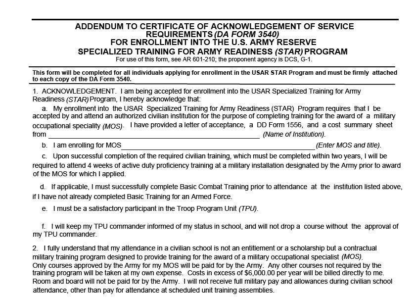 DA FORM 7004 - Addendum To Certificate Of Acknowledgement Of Service Requirements (DA Form 3540) For Enlistment Into The Usar Star Program (LRA)