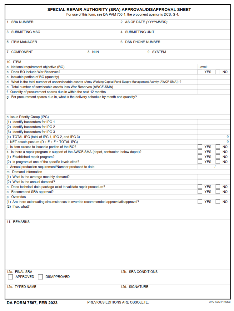 DA FORM 7567 - Special Repair Authority (SRA) Approval-Disapproval Sheet