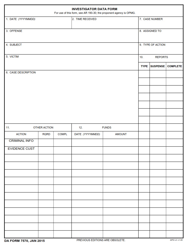 DA FORM 7570 - Investigator Data Form