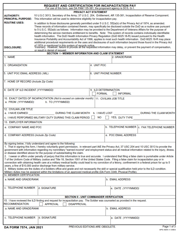 DA FORM 7574 - Request and Certification For Incapacitation Pay