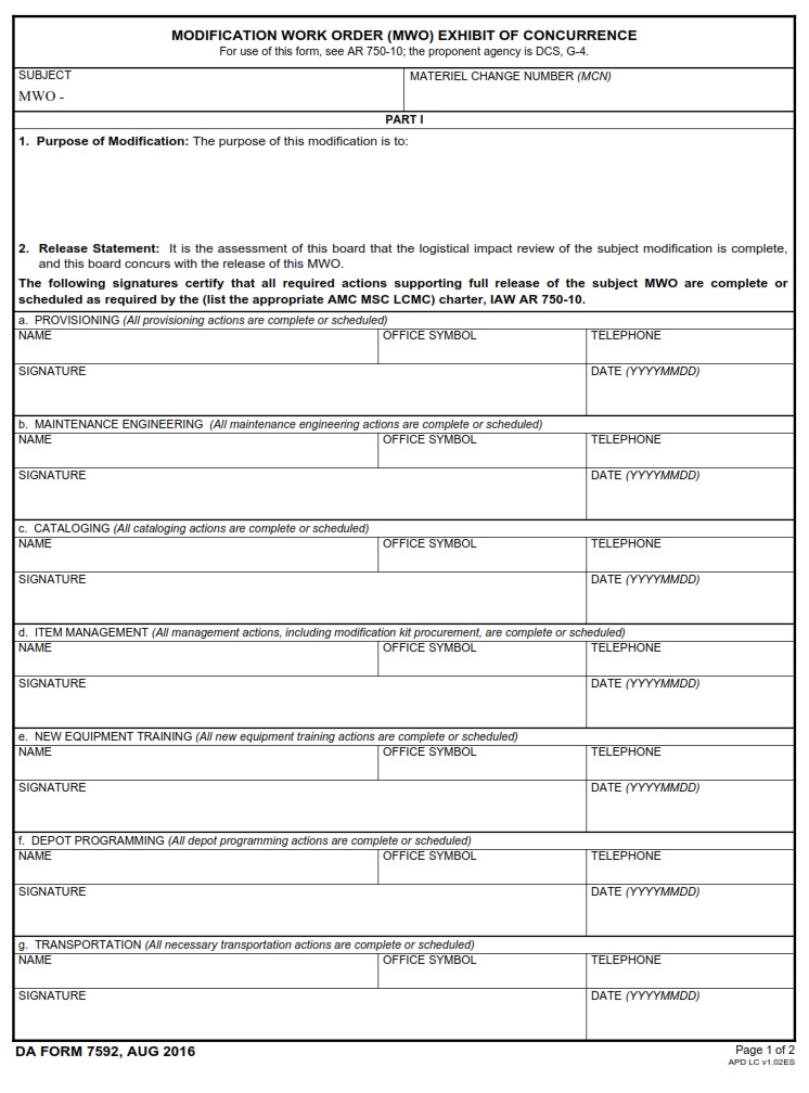 DA FORM 7592 - Modification Work Order (MWO) Exhibit Of Concurrence - Page 1