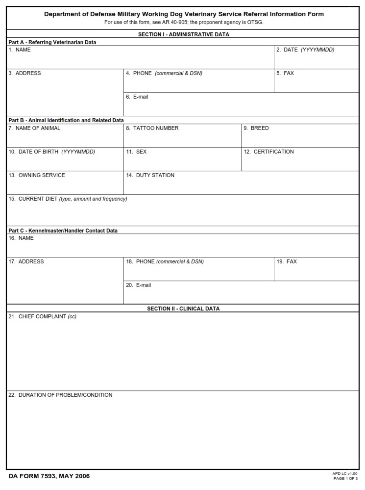 DA FORM 7593 - Department Of The Defense Military Working Dog Veterinary Service Referral Information Form